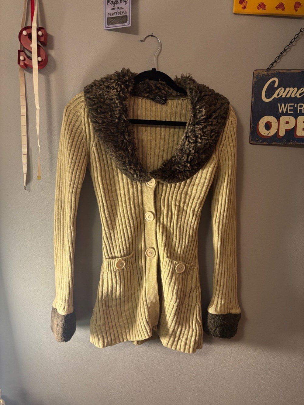y2k ribbed cardigan with fur / y2k Faux-Fur Trim Cardigan Cream with Brown Trim